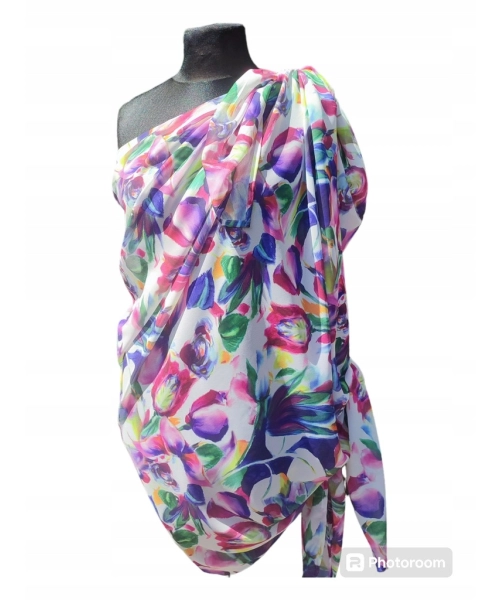 Duża sukienka plażowa - eleganckie PAREO XXL szyfon fioletowe kwiaty